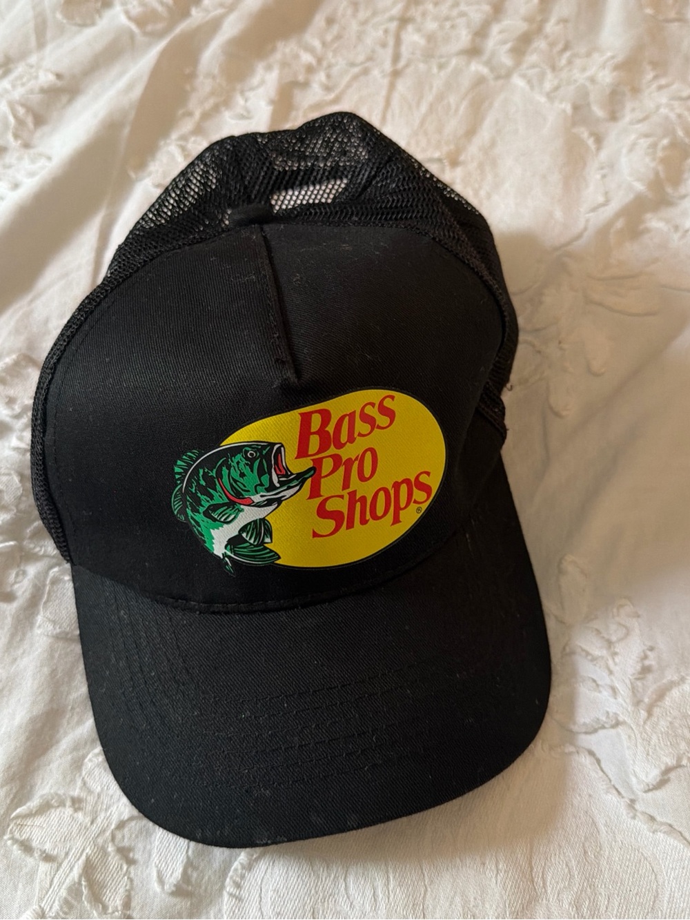Bass Pro Shops Black Cap with Yellow Patch and Green Fish Graphic